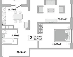 2-к квартира, вторичка, 57м2, 24/25 этаж