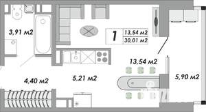 1-к квартира, строящийся дом, 30м2, 8/12 этаж