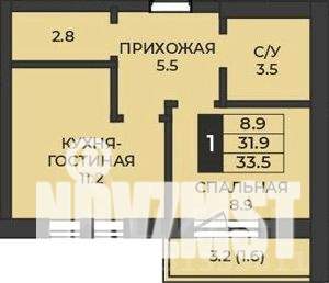 1-к квартира, строящийся дом, 34м2, 1/7 этаж