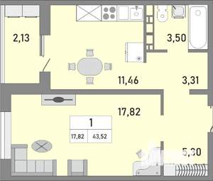 1-к квартира, строящийся дом, 44м2, 2/25 этаж
