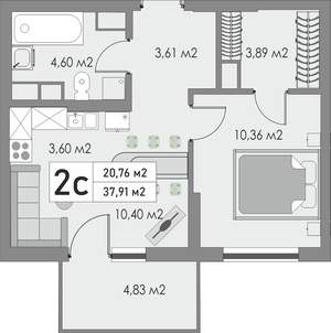 2-к квартира, строящийся дом, 38м2, 7/9 этаж