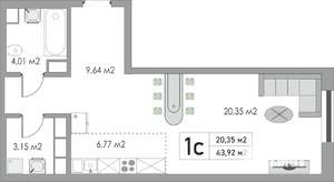 1-к квартира, строящийся дом, 44м2, 3/10 этаж
