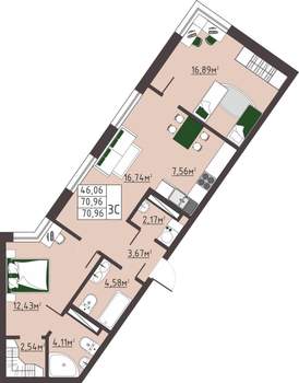 3-к квартира, вторичка, 71м2, 3/13 этаж