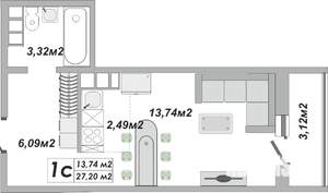 1-к квартира, строящийся дом, 27м2, 3/25 этаж