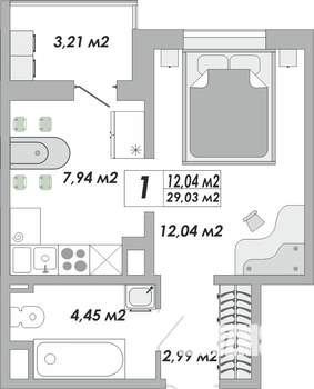 1-к квартира, строящийся дом, 29м2, 2/15 этаж