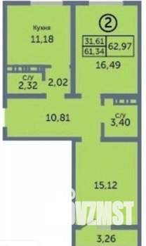 2-к квартира, вторичка, 63м2, 7/17 этаж