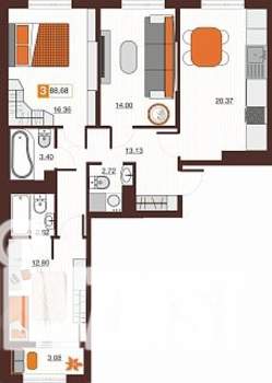 3-к квартира, строящийся дом, 89м2, 16/17 этаж