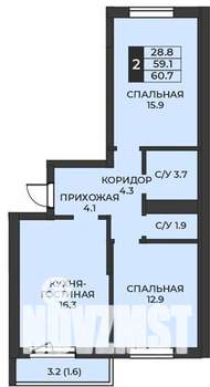 2-к квартира, вторичка, 61м2, 3/7 этаж