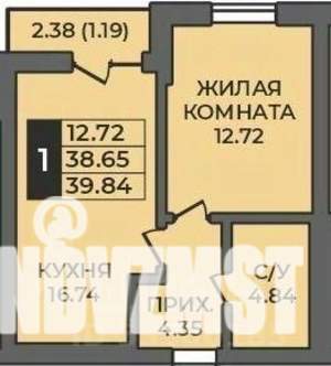 1-к квартира, строящийся дом, 40м2, 6/12 этаж