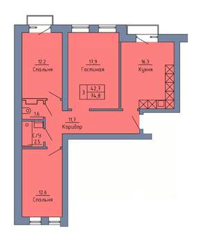 3-к квартира, строящийся дом, 75м2, 4/4 этаж