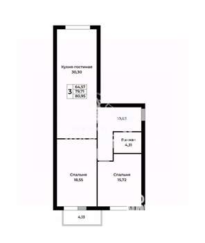 2-к квартира, вторичка, 81м2, 13/15 этаж