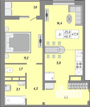 2-к квартира, строящийся дом, 48м2, 22/24 этаж