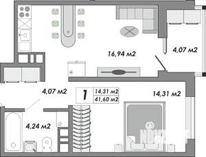 1-к квартира, строящийся дом, 42м2, 2/9 этаж