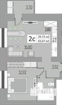 2-к квартира, строящийся дом, 43м2, 1/15 этаж