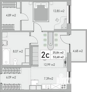 2-к квартира, строящийся дом, 54м2, 9/9 этаж