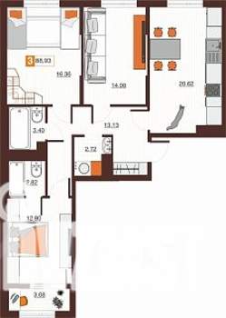 3-к квартира, вторичка, 89м2, 8/17 этаж