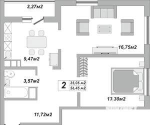 2-к квартира, строящийся дом, 56м2, 4/25 этаж