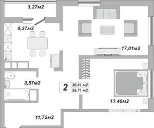 2-к квартира, строящийся дом, 57м2, 20/25 этаж