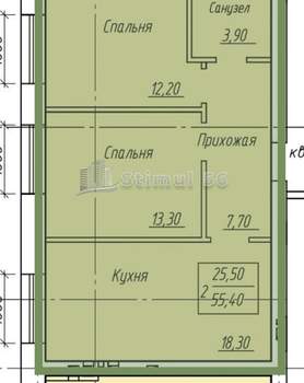 2-к квартира, вторичка, 55м2, 1/4 этаж