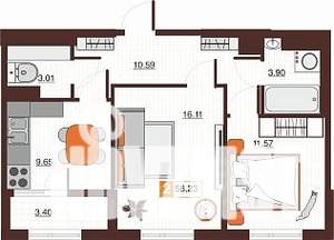 2-к квартира, строящийся дом, 59м2, 2/17 этаж