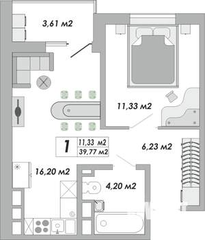 1-к квартира, строящийся дом, 40м2, 11/15 этаж