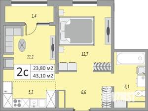 2-к квартира, строящийся дом, 43м2, 8/24 этаж