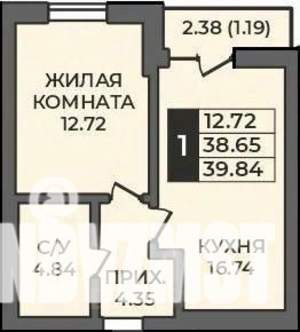 1-к квартира, строящийся дом, 40м2, 12/12 этаж