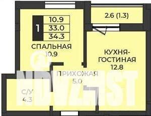 1-к квартира, строящийся дом, 34м2, 3/7 этаж
