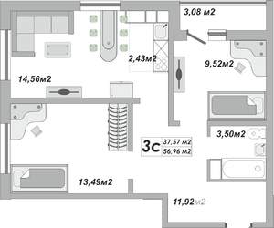 3-к квартира, строящийся дом, 57м2, 25/25 этаж