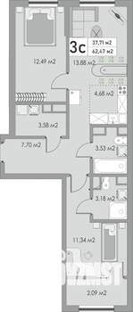 3-к квартира, строящийся дом, 62м2, 6/10 этаж