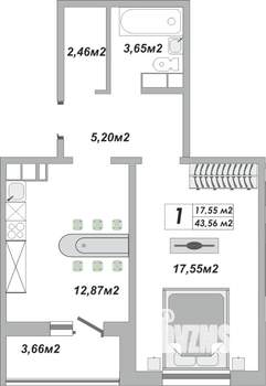 1-к квартира, строящийся дом, 44м2, 7/25 этаж