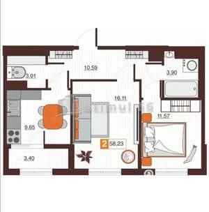 2-к квартира, вторичка, 58м2, 4/17 этаж