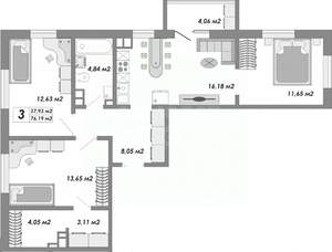 3-к квартира, вторичка, 76м2, 12/15 этаж