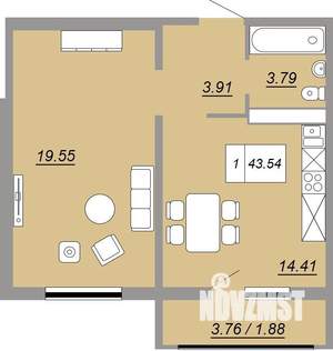 1-к квартира, сданный дом, 42м2, 19/24 этаж