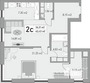 2-к квартира, вторичка, 63м2, 4/10 этаж