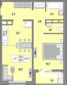 2-к квартира, строящийся дом, 50м2, 17/24 этаж