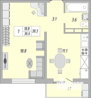 1-к квартира, строящийся дом, 38м2, 18/19 этаж