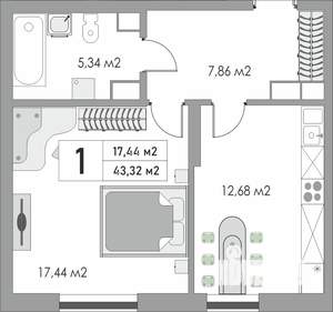 1-к квартира, строящийся дом, 43м2, 2/10 этаж