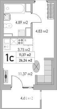 1-к квартира, строящийся дом, 26м2, 6/9 этаж