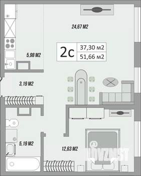 2-к квартира, сданный дом, 52м2, 4/9 этаж