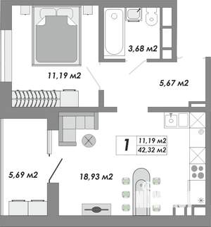 1-к квартира, строящийся дом, 42м2, 17/17 этаж