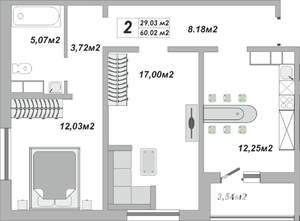 2-к квартира, строящийся дом, 60м2, 17/25 этаж