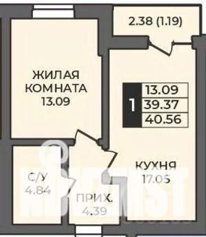 1-к квартира, строящийся дом, 41м2, 10/12 этаж
