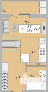 1-к квартира, строящийся дом, 25м2, 1/24 этаж