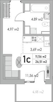 1-к квартира, вторичка, 27м2, 7/9 этаж