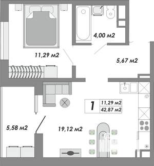 1-к квартира, строящийся дом, 43м2, 5/17 этаж
