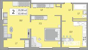 2-к квартира, строящийся дом, 62м2, 22/24 этаж