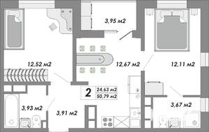 2-к квартира, строящийся дом, 51м2, 14/15 этаж