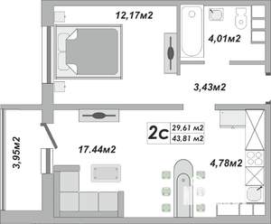 2-к квартира, строящийся дом, 44м2, 25/25 этаж