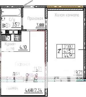 1-к квартира, вторичка, 42м2, 1/17 этаж